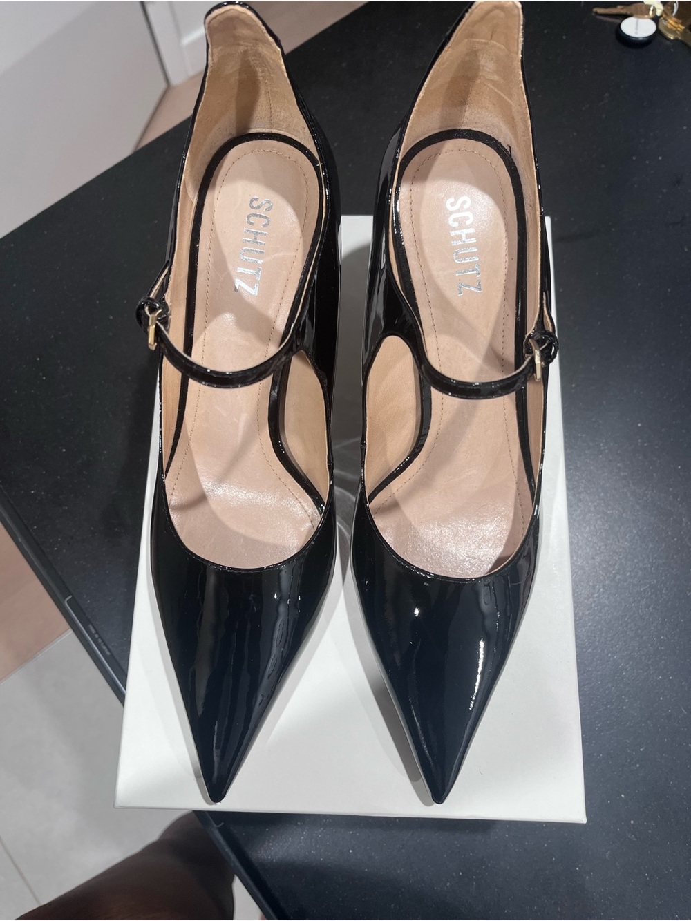 SCHUTZ Black Patent Mary Jane Pointed Pumps with Ankle Strap